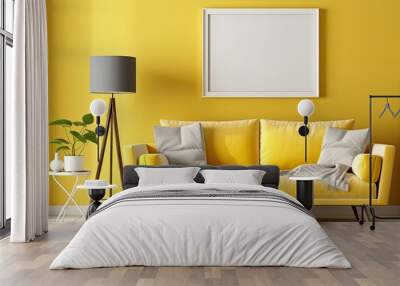 Blank picture frame hanging on yellow wall above a yellow couch. Mock up template for Design or product placement created using generative AI tools Wall mural