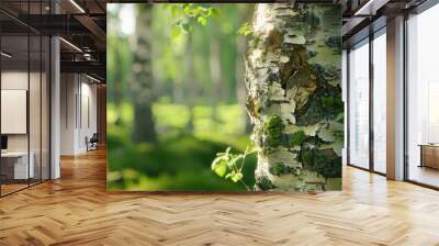 closeup of a birch tree in the center of a scandinavian forest Wall mural