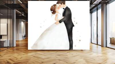 cute couple kissing on their wedding day - watercolor drawing on white background Wall mural