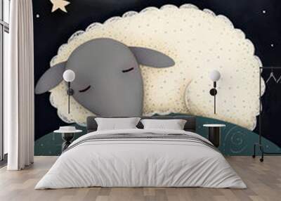 Cute sheep sleeping under the Moon and Stars. Children’s & Nursery style Illustration created using generative AI tools. Wall mural