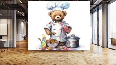 cute teddy bear dressed as a cook - watercolor illustration created using generative AI tools Wall mural