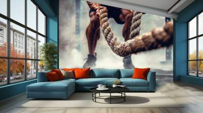 dynamic foto of a fit guy training with ropes Wall mural