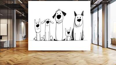 group of funny dogs - black and white line art illustration created using generative AI tools Wall mural