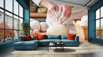 hands of a baker kneading bread dough with flour and water Wall mural