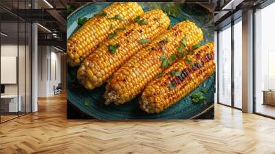 steaming hot boiled corn served on a rustic blue plate Wall mural