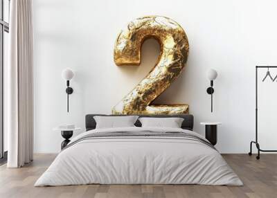 the number two / 2 made out of gold - isolated top view product photo on white background Wall mural