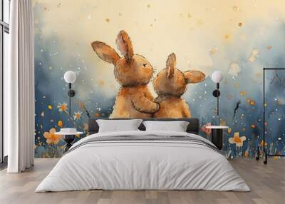 two cute little bunnies sitting in a field of flowers - watercolor easter illustration Wall mural