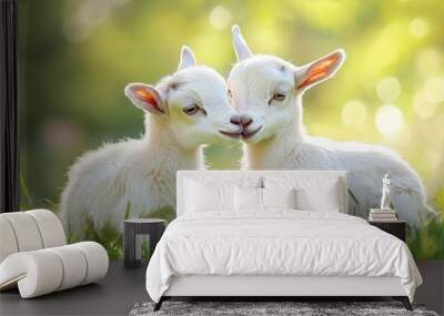 two white baby goats playing together in the grass Wall mural