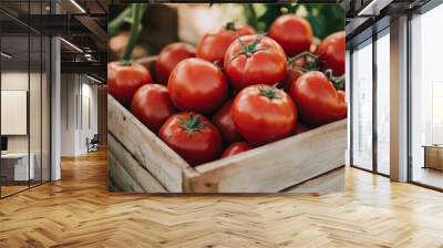 wooden box full of fresh red tomatoes on a farm Wall mural