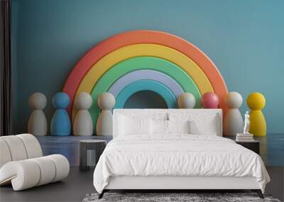 wooden toy figures under rainbow colored arches on a grey surface - symbol of diversity Wall mural