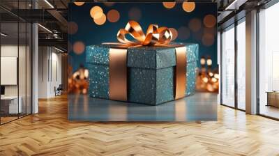 wrapped gift box on blue background with glitter bokeh background - created using generative AI tools Wall mural