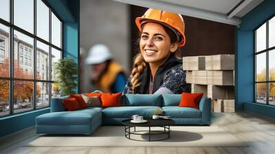 young female construction worker laying a brick wall on a cunstruction site Wall mural