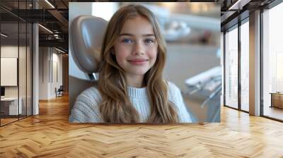 young smiling girl sitting in the chair at the dentist awaiting her treatment Wall mural