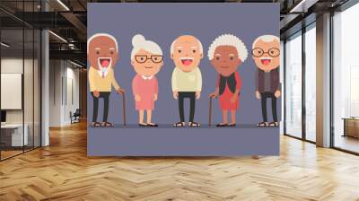 Group of elderly people stand together on background. Vector illustration in creative flat vector character design Wall mural