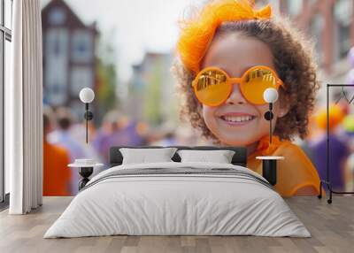 A smiling happy girl in orange clothes and sunglasses in Amsterdam during the King's Day national Dutch holiday or Holland football team support. Kingsday celebration in the Netherlands. Copy space Wall mural