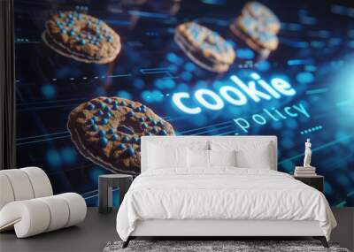 Cookie policy text on a blue digital background with flying cookies. Concept of online privacy and data protection on Internet Wall mural