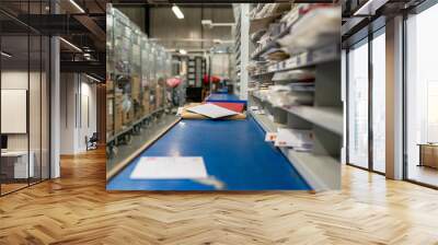 Letters on a sorting frame, table and shelves in a mail delivery sorting centre. Postal service, post office inside Wall mural