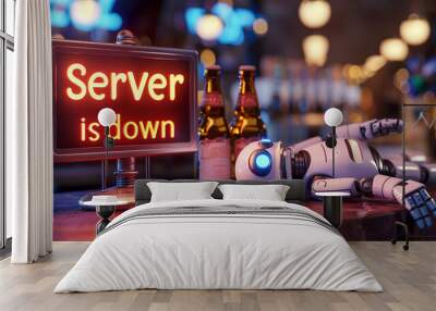 Server is down sign, drunk broken robot sleeps on bar counter. 500 Internal Server Error message for a website concept. SEO and Backend terms Wall mural