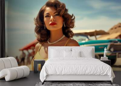 Beautiful glamorous woman posing in front of a blue retro car on the beach. Retro, 1960s.  Wall mural