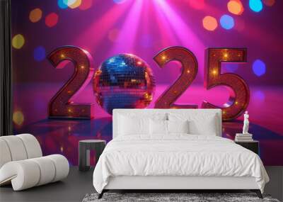 Sparkling disco ball and brightly lit 2025 numbers create a festive atmosphere for New Year's celebration. Wall mural