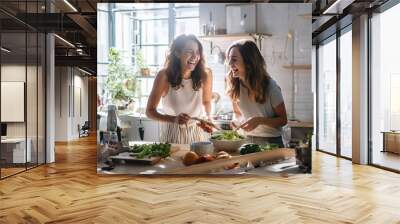 Two happy laughing women cooking together at white modern kitchen at home. Back light.  Wall mural