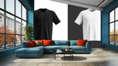 Black t-shirt mock up on white background and white t-shirt mock up on black background. 3D illustration Wall mural