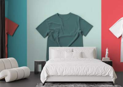 Colorful t-shirts on colorful background. t-shirt mock ups with five different colours.3D illustration Wall mural