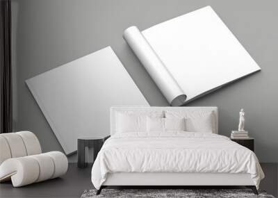 Soft cover square brochure, magazine, book or catalog mock up isolated on gray background. 3D illustrating. Wall mural