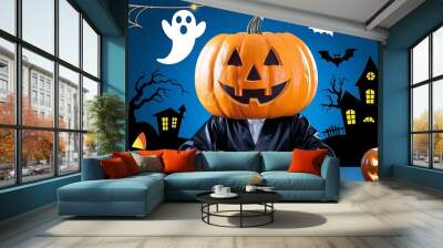 A person wearing a pumpkin head with a laptop in front of them against a blue background with halloween decorations evokes a fun and festive Halloween spirit. 
 Wall mural