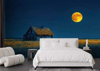 A cottage with a straw roof, in a wheat field under a harvest moon, blue hour, abstract bucolic landscape Wall mural