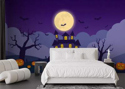 A Halloween scene with a castle and bats flying in the background Wall mural