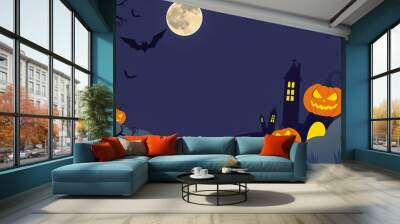 A Halloween themed poster with bats flying in the sky and pumpkins on the ground Wall mural