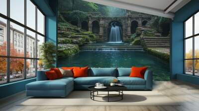 a natural waterfall pool with stone carved ruins integrated into the design, overgrown, cascades, dense forest, rocks and cliffs, appalacian, serene, Generate AI. Wall mural