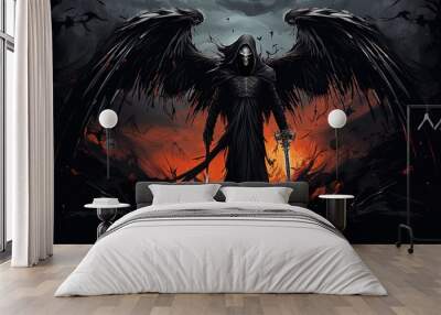 background of an angel of death with a scary face and wearing black clothes carrying a staff and wings, for a t-shirt, Generate AI Wall mural