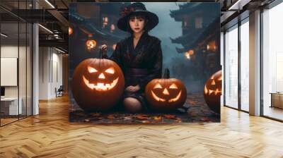 Cute Asian Girl Make Halloween Fashion Wall mural