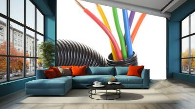 Corrugated pipe withe cables isolated on white background Wall mural