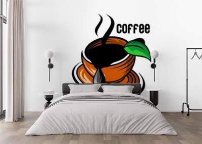 vector illustration of a cup of coffee and leaves Wall mural