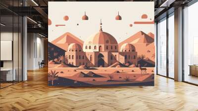 A crescent moon in the night sky above a mosque background image generative ai Wall mural