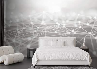 A dynamic and minimalist plexus of white dots connected by thin bright lines over a soft gray canvas creating an elegant network effect with a central text area for easy readability Wall mural