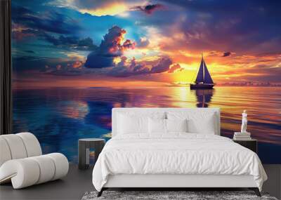 beautiful sunset in the sea with a sailboat Wall mural