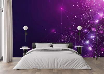 An abstract backdrop of deep purple and soft lilac nodes connected by glowing white lines set against a dark violet background with a large area reserved for text in the lower right corner Wall mural