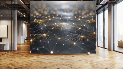 An elegant web of gold and silver dots interconnected by fine glowing beams over a dark grey canvas creating a sophisticated plexus pattern with a central text area for impactful messages Wall mural