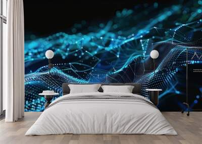 An intricate digital mesh of electric blue and cyan connections on a black background resembling a high-tech ocean wave meticulously designed to include a text box in the lower right corner Wall mural