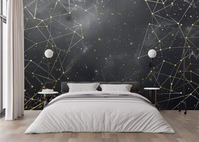 An intricate web of gold and silver lines connecting scattered dots across a deep charcoal grey background creating a sophisticated network with a clear space for text in the center Wall mural