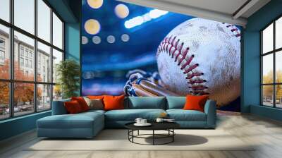 baseball zoomed in, approaching the shortstop's glove with the crowd and stadium lights blurred in the background Wall mural