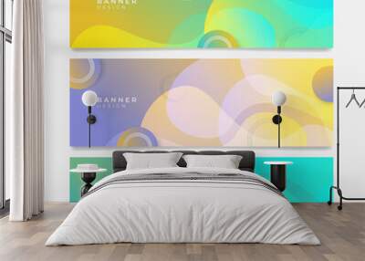 Colorful web banner with wave shapes. Collection of horizontal promotion banners with gradient colors and abstract geometric backdrop. Header design. Vibrant coupon template. Wall mural