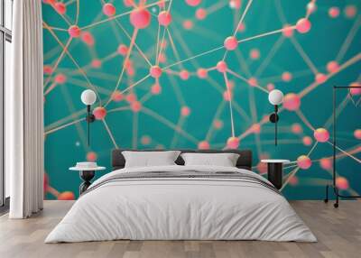 Coral pink dots connected by peach lines on a deep teal canvas, central text focus Wall mural