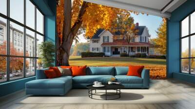 crisp autumn scene at a suburban farmhouse, with the house framed by trees shedding golden leaves Wall mural