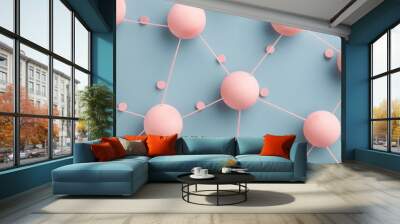 Dusty rose dots with blush pink connections on a slate blue base, central text focus Wall mural