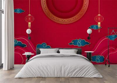 Happy Chinese new year 2022. Year of Tiger character with asian elements and flower with craft style on background. Universal Chinese background with red and gold color theme Wall mural